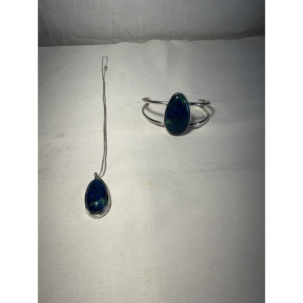 Vintage Dark Blue & Green Stone Jewelry Set - Bracelet & Necklace Silver Tone - Picture 2 of 6